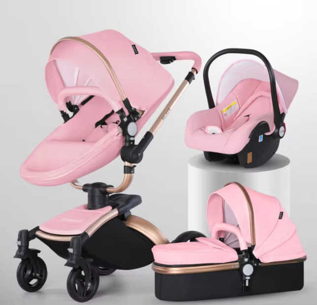 Universal Kinderwagen 3-in-1 braunes Leder Drehdesign mit Autositz