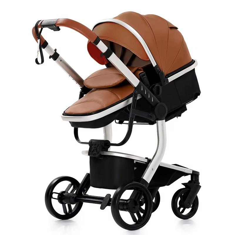 Multifunktionaler Kinderwagen 3-in-1 aus PU-Leder, braun, mit Autositz