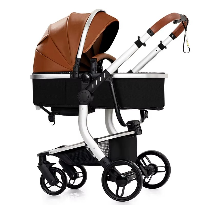 Multifunktionaler Kinderwagen 3-in-1 aus PU-Leder, braun, mit Autositz