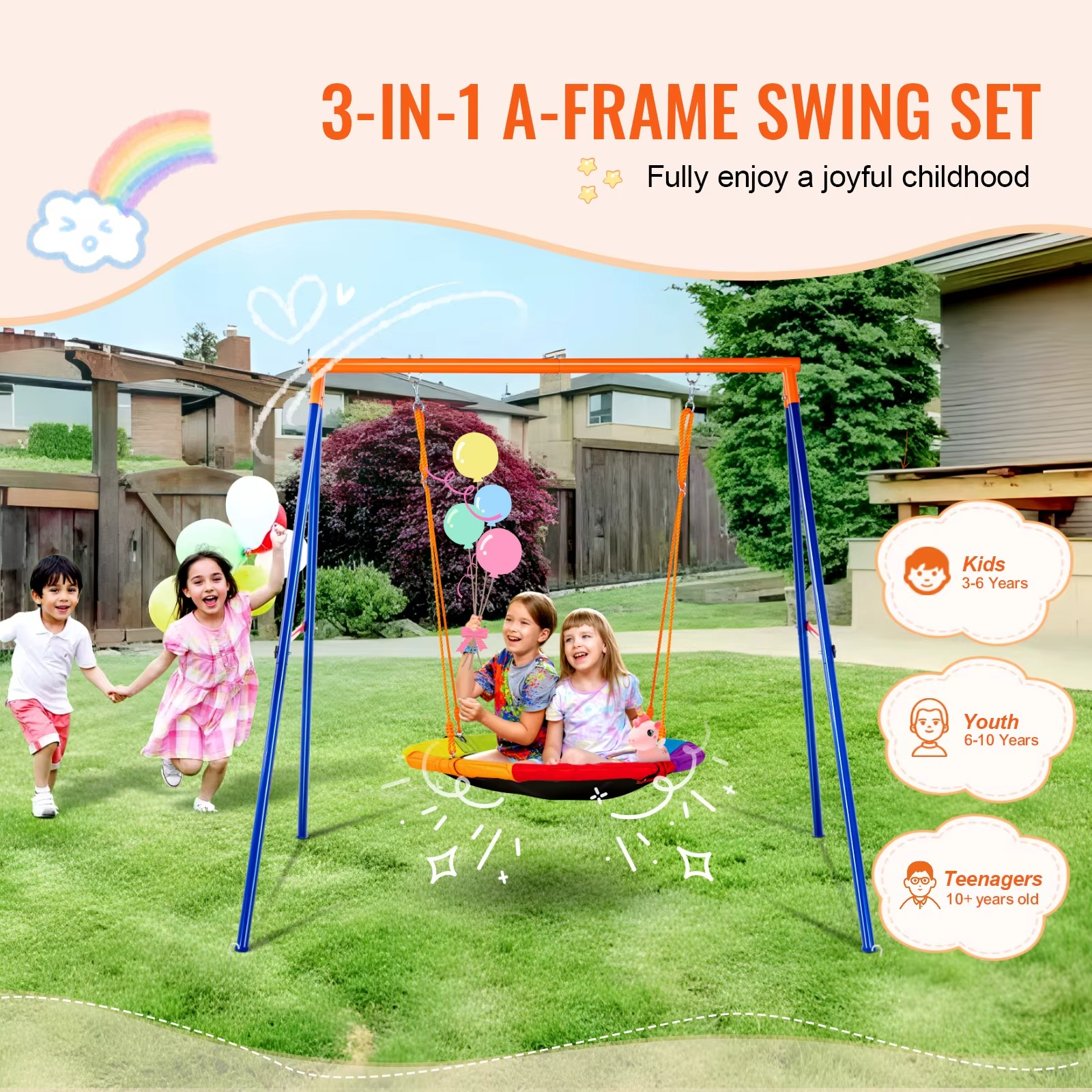 3-in-1 Kinder-Schaukelset für den Garten – Robuster Outdoor-Spielplatz für 3 Kinder, verstellbar & tragbar, 270 kg Tragfähigkeit