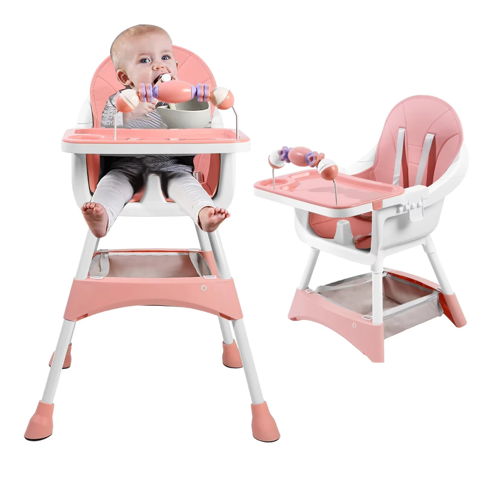 Wandelbarer Hochstuhl für Babys und Kleinkinder, Baby-Sitzerhöhung mit gepolstertem Sitz, Fußstütze, Ablage und Becherhalter
