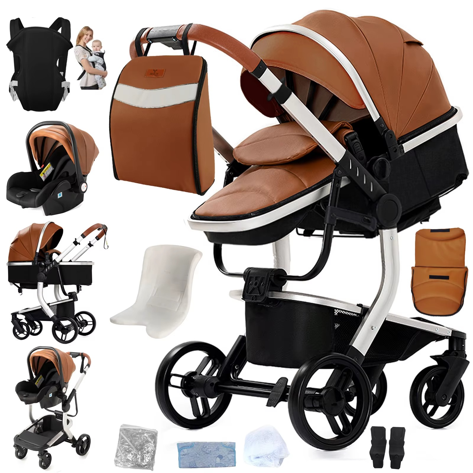 Multifunktionaler Kinderwagen 3-in-1 aus PU-Leder, braun, mit Autositz