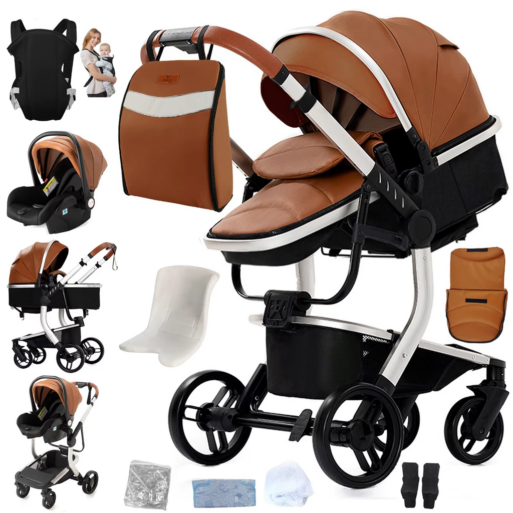 Multifunktionaler Kinderwagen 3-in-1 aus PU-Leder, braun, mit Autositz