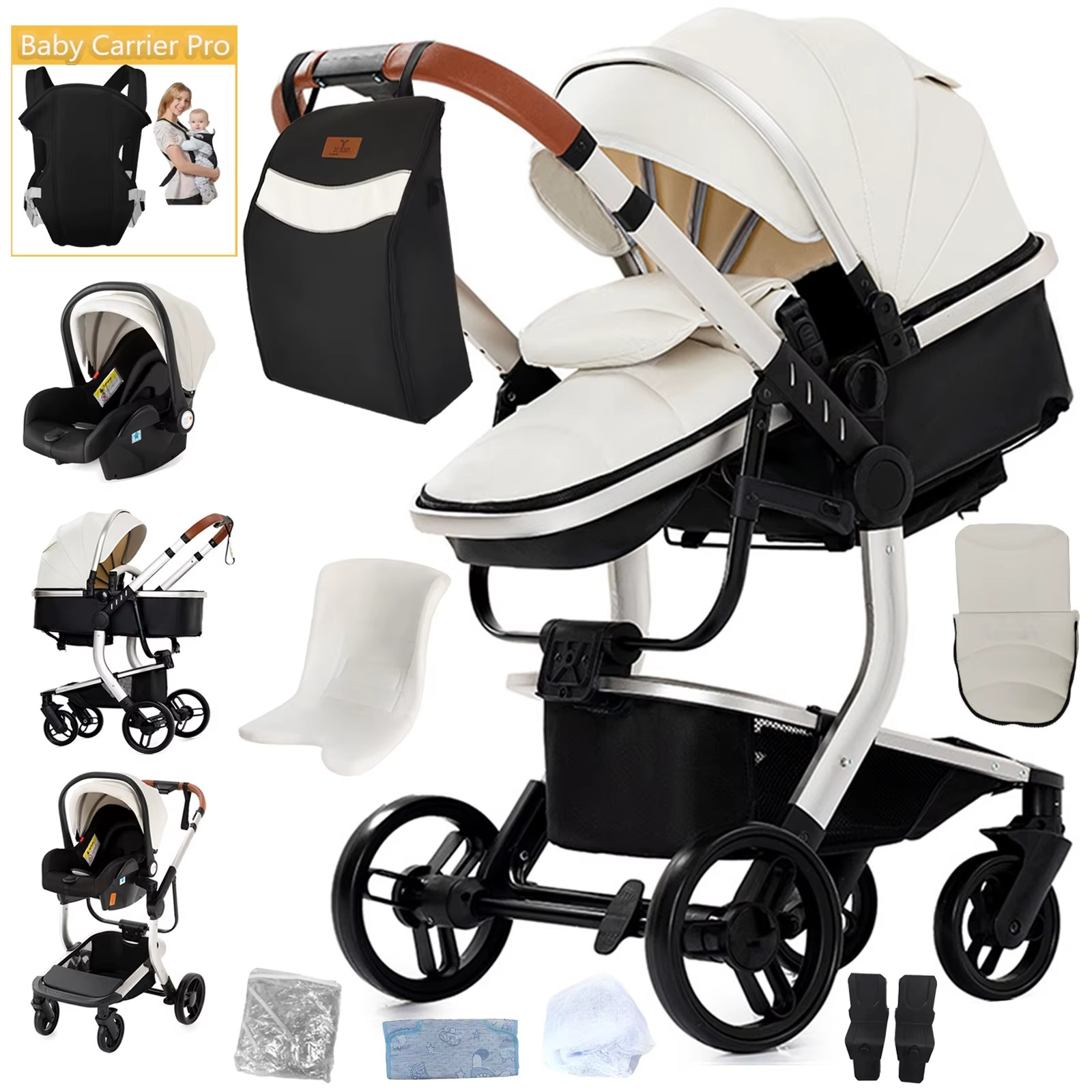Multifunktionaler Kinderwagen 3-in-1 aus PU-Leder, braun, mit Autositz