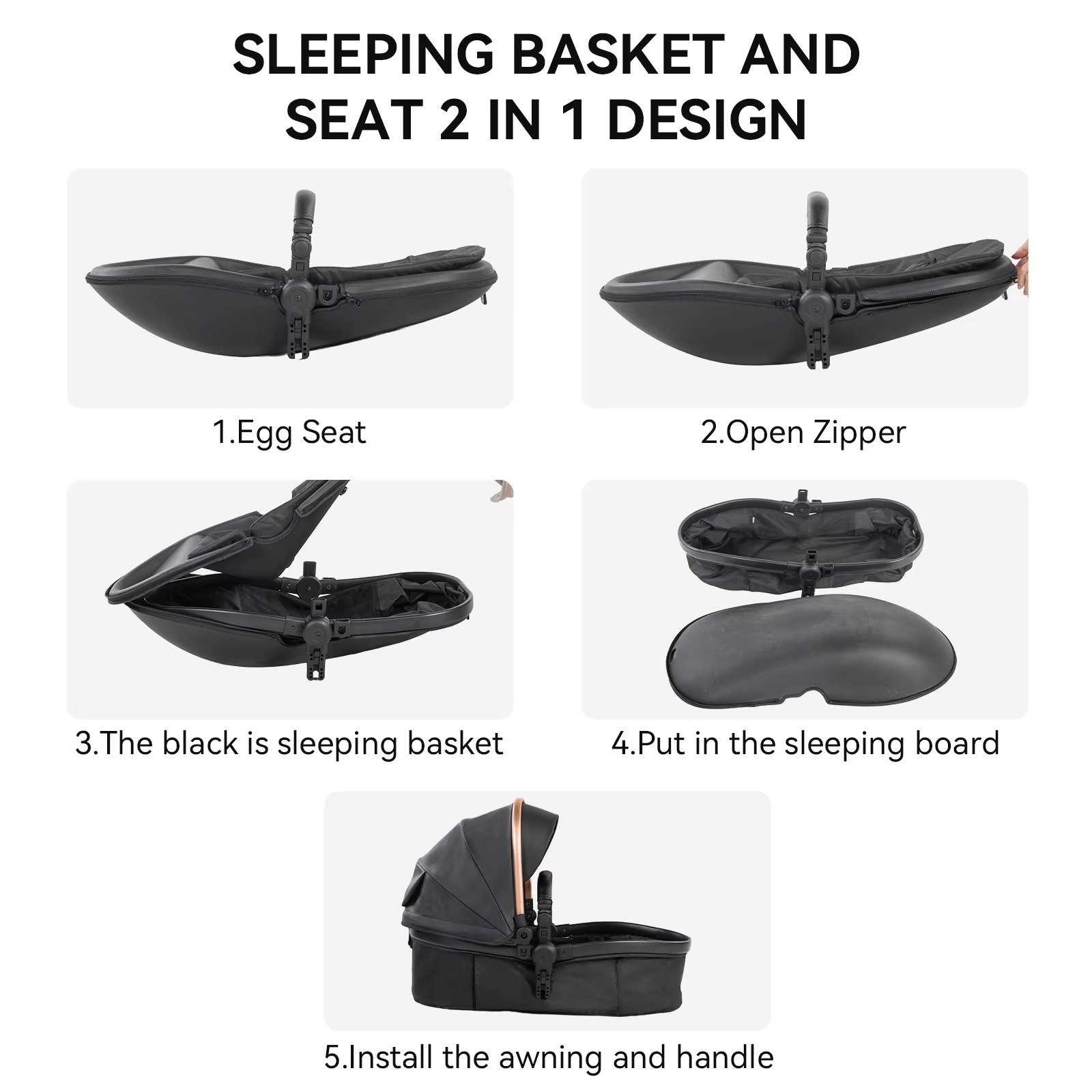 Verwandelbarer 3-in-1 Kinderwagen mit Babywanne, Farbe Schwarz – Egg Design Hochlandschaft Kinderwagen | Leichtes faltbares Reisesystem