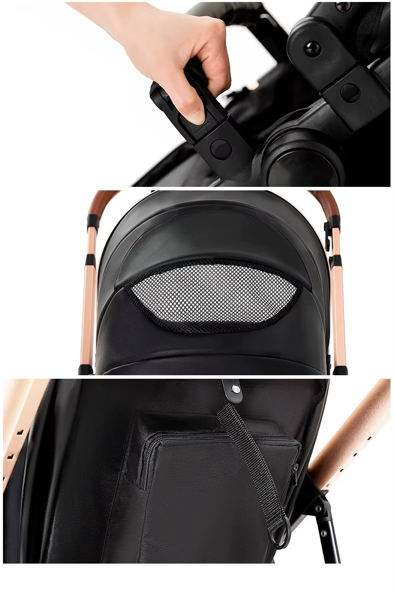 Multifunktionaler Kinderwagen 3 in1 PU-Leder schwarz mit Autositz