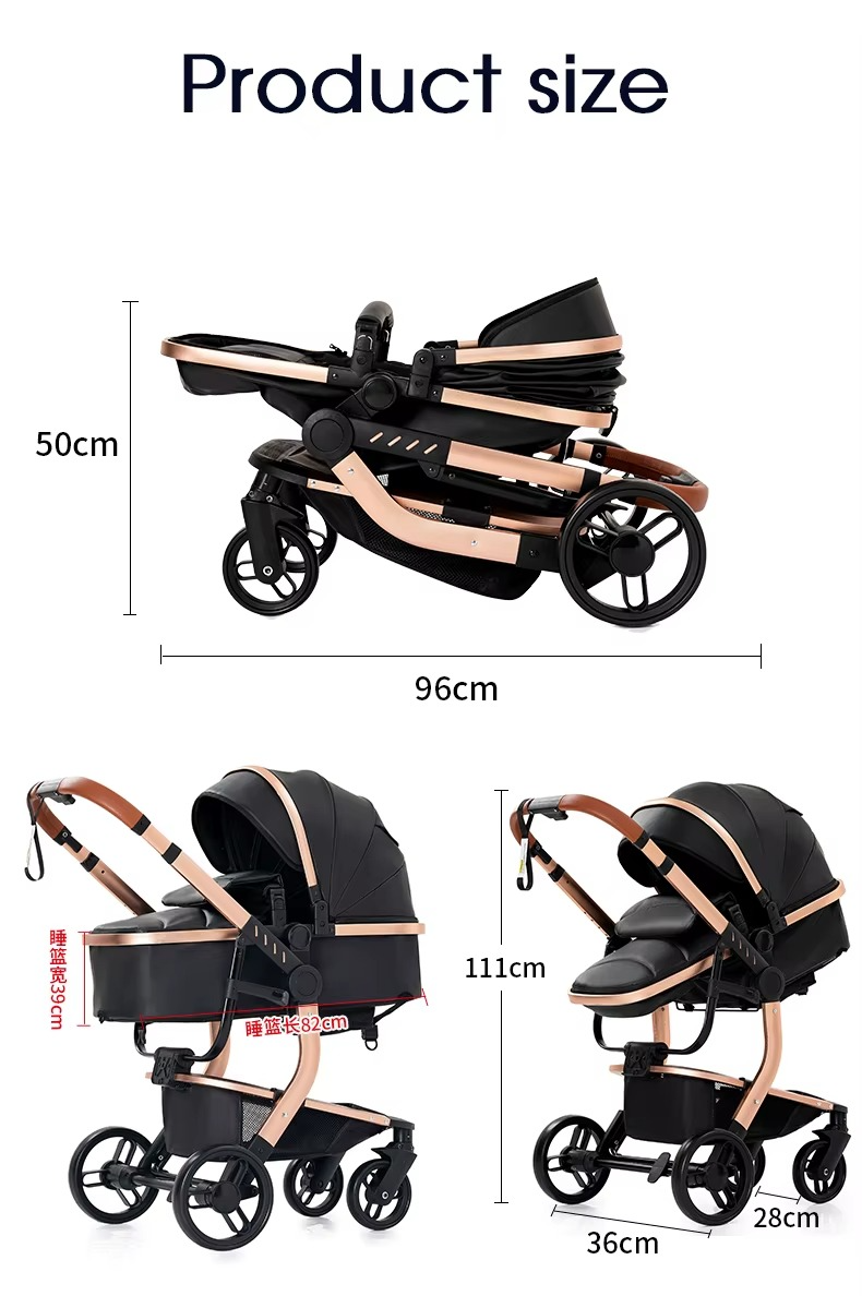 Multifunktionaler Kinderwagen 3 in1 PU-Leder schwarz mit Autositz