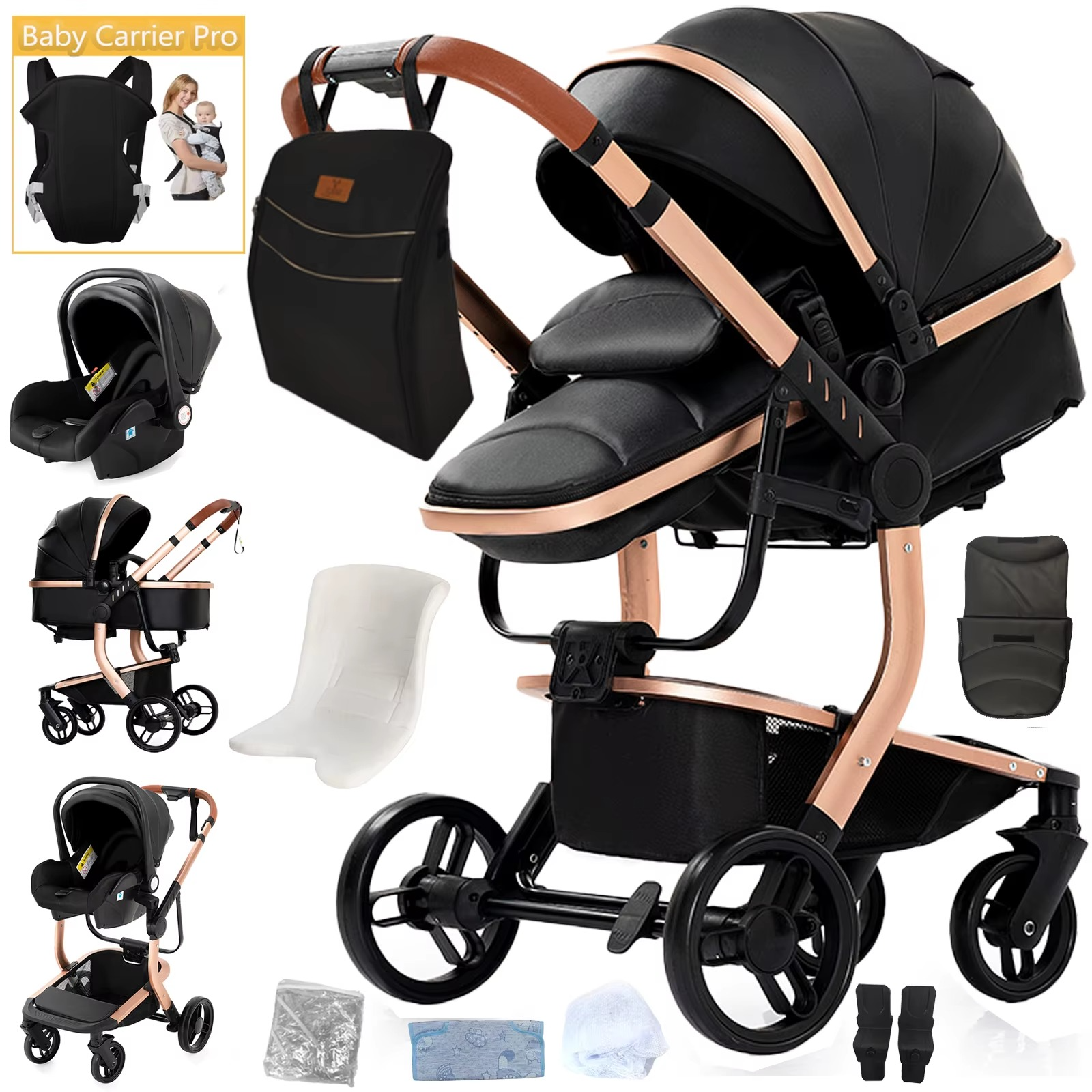 Multifunktionaler Kinderwagen 3 in1 PU-Leder schwarz mit Autositz