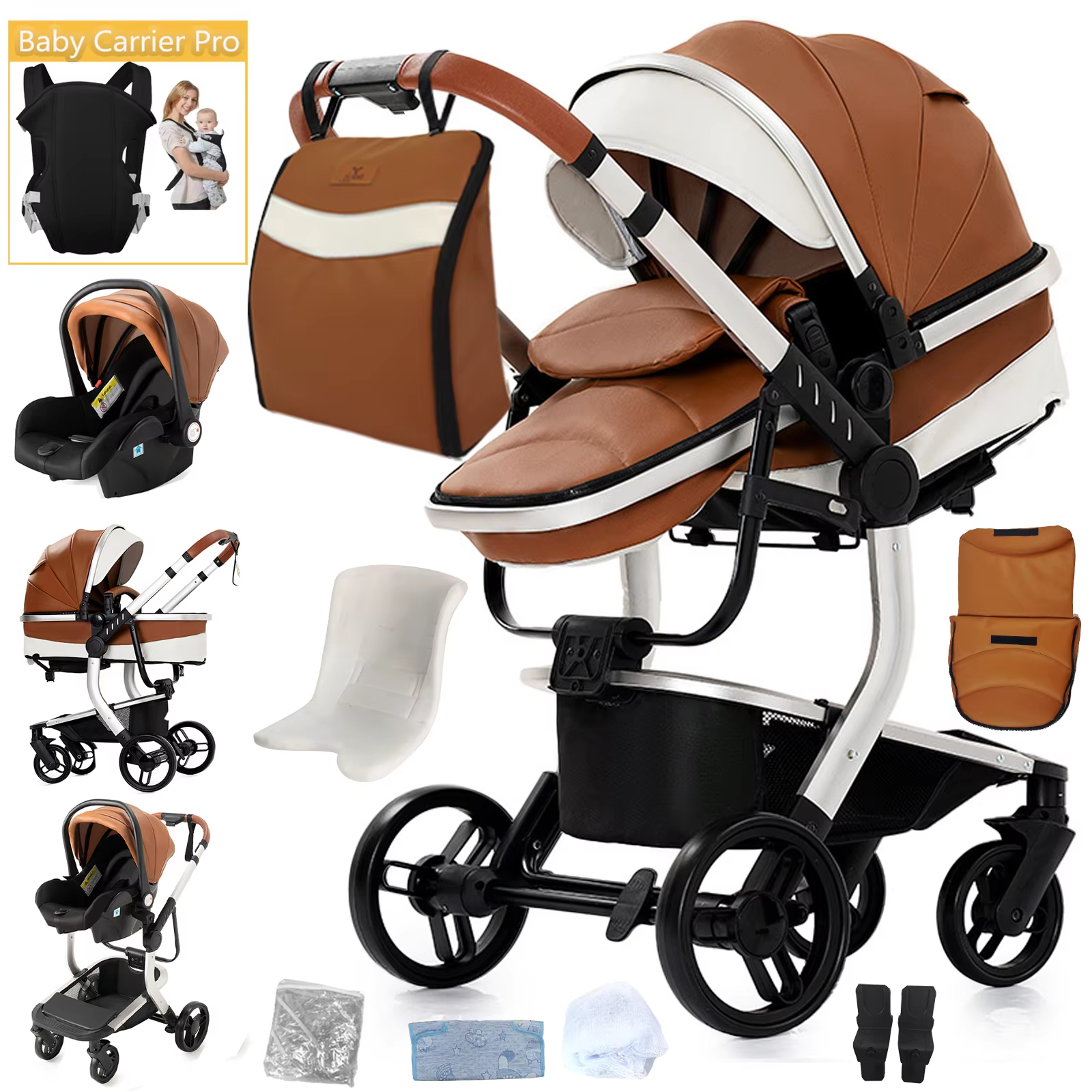Multifunktionaler Kinderwagen 3 in1 PU-Leder schwarz mit Autositz