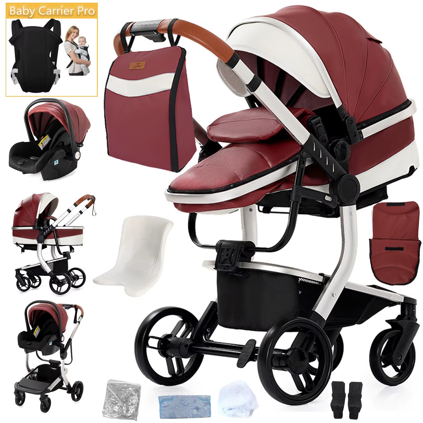 Multifunktionaler Kinderwagen 3-in-1 aus PU-Leder, braun, mit Autositz