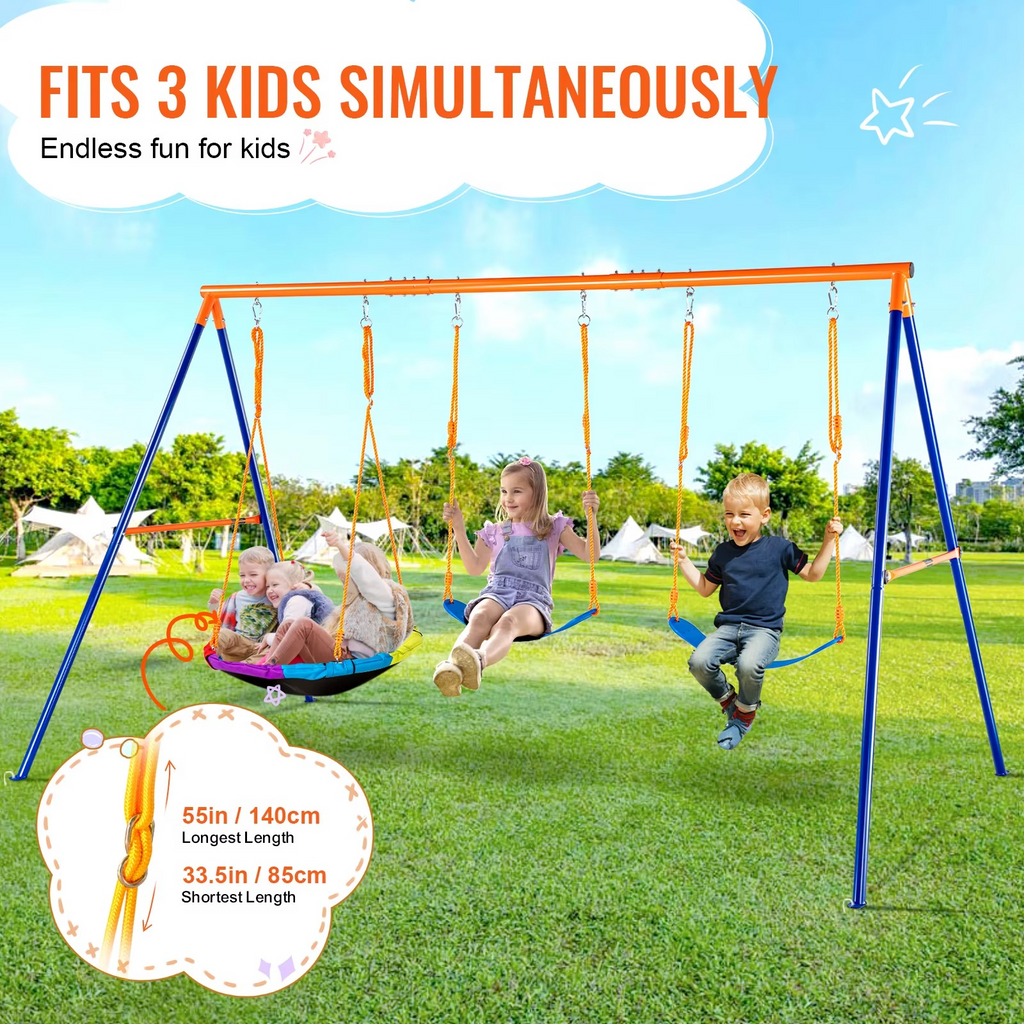 3-in-1 Kids Swing Set for Backyard – Heavy Duty Outdoor Playground Set for 3 Children Adjustable &amp; Portable  600 lb Capacity