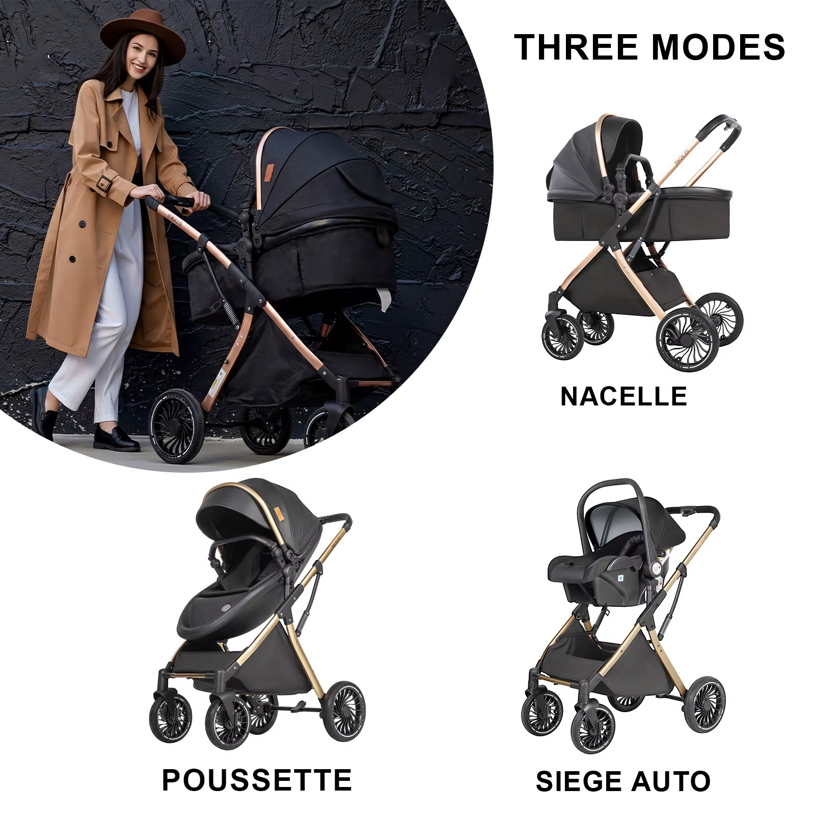 Verwandelbarer 3-in-1 Kinderwagen mit Babywanne, Farbe Schwarz – Egg Design Hochlandschaft Kinderwagen | Leichtes faltbares Reisesystem