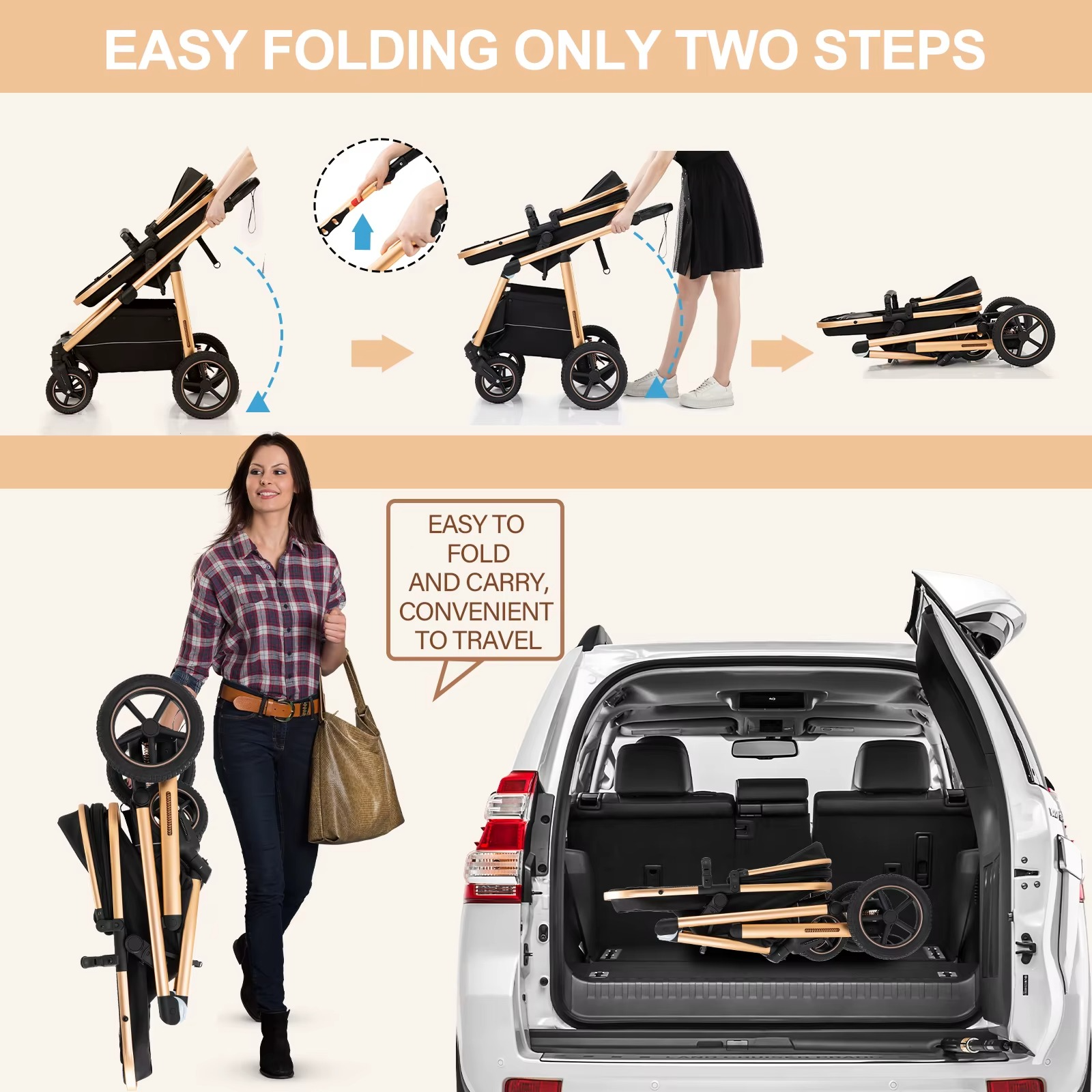 Kinderwagen 3in1 Hochwertige Materialien schwarz-goldene Farbe mit Autositz
