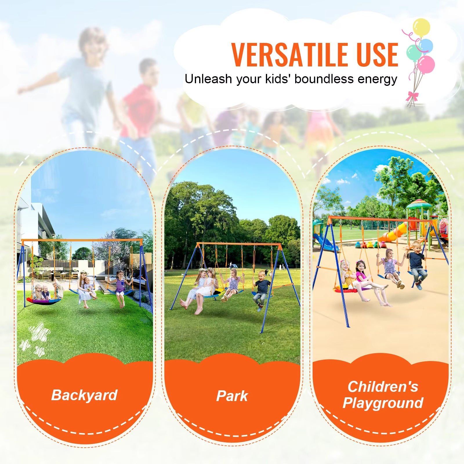 3-in-1 Kids Swing Set for Backyard – Heavy Duty Outdoor Playground Set for 3 Children Adjustable &amp; Portable  600 lb Capacity