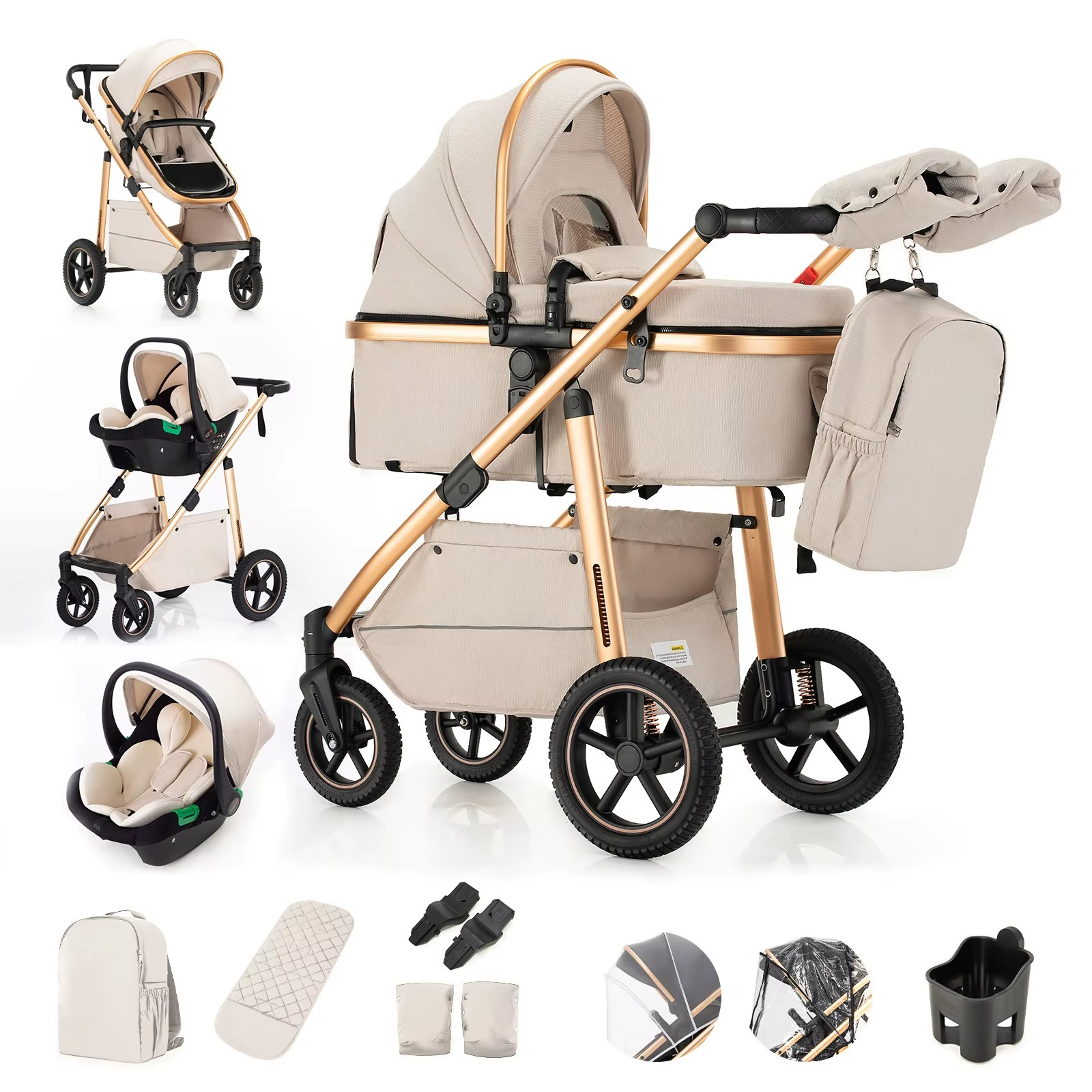 Kinderwagen 3in1 Hochwertige Materialien schwarz-goldene Farbe mit Autositz
