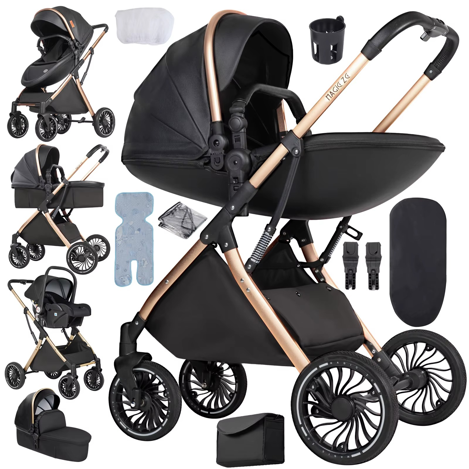 Verwandelbarer 3-in-1 Kinderwagen mit Babywanne, Farbe Schwarz – Egg Design Hochlandschaft Kinderwagen | Leichtes faltbares Reisesystem