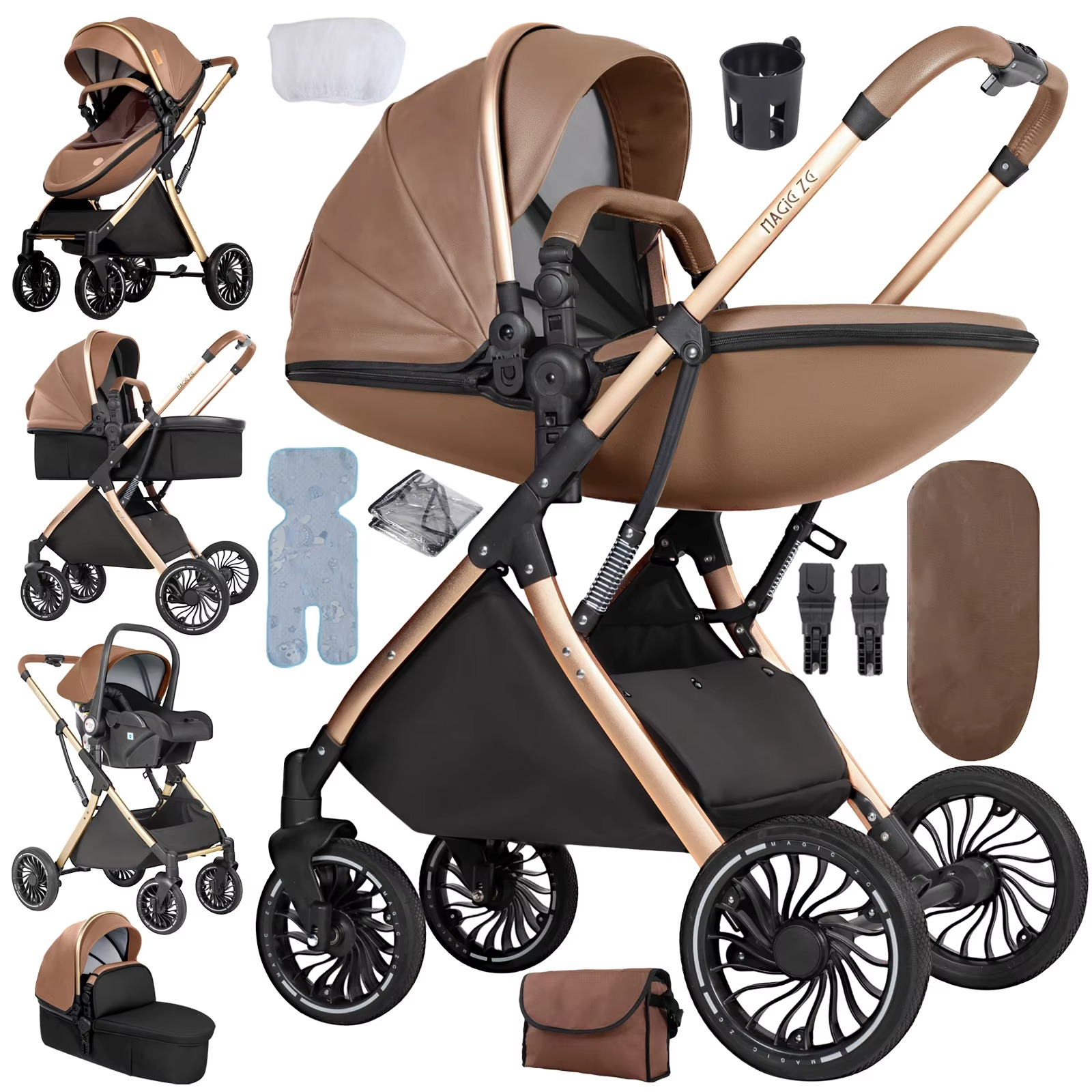 Verwandelbarer 3-in-1 Kinderwagen mit Babywanne, Farbe Schwarz – Egg Design Hochlandschaft Kinderwagen | Leichtes faltbares Reisesystem