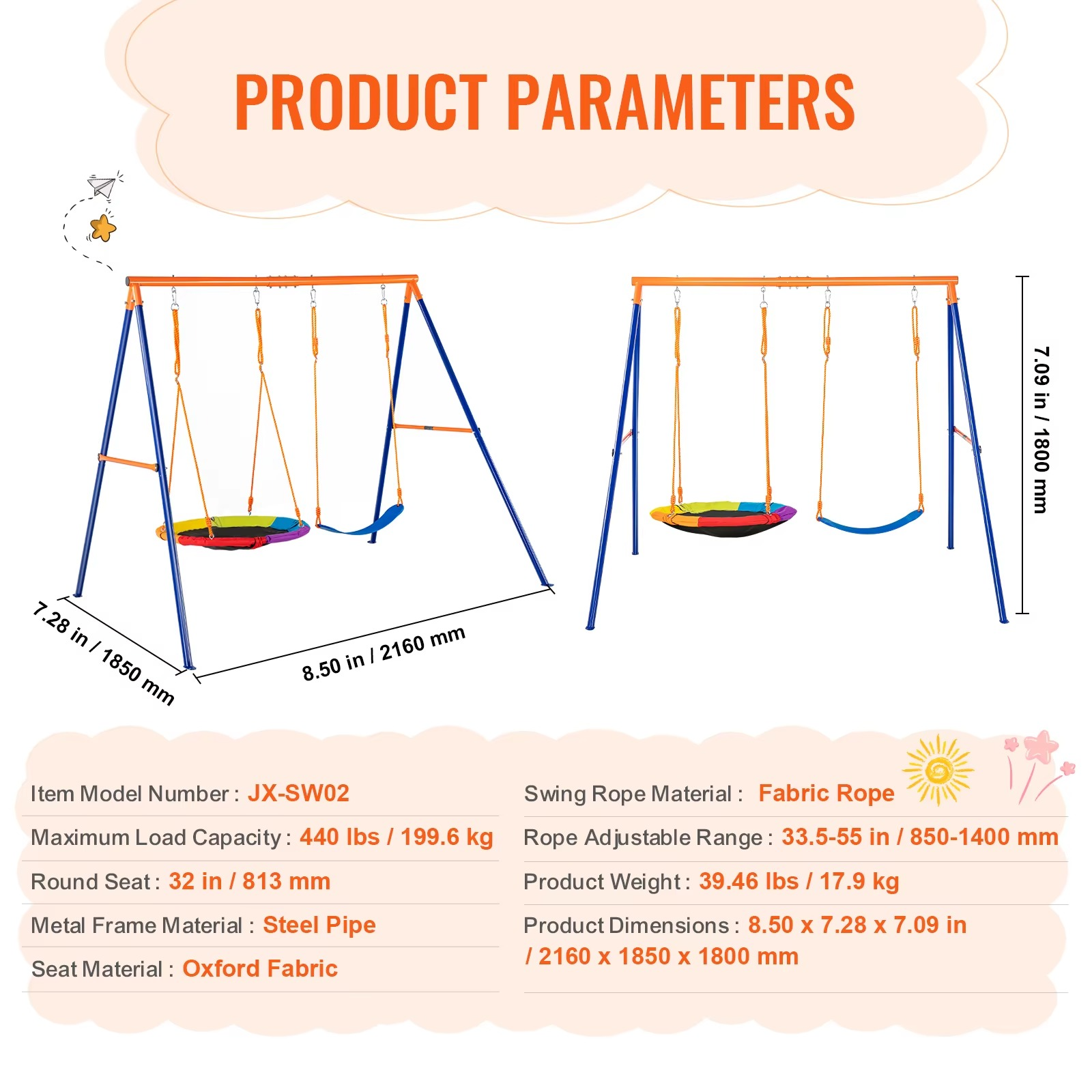 3-in-1 Kinder-Schaukelset für den Garten – Robuster Outdoor-Spielplatz für 3 Kinder, verstellbar & tragbar, 270 kg Tragfähigkeit
