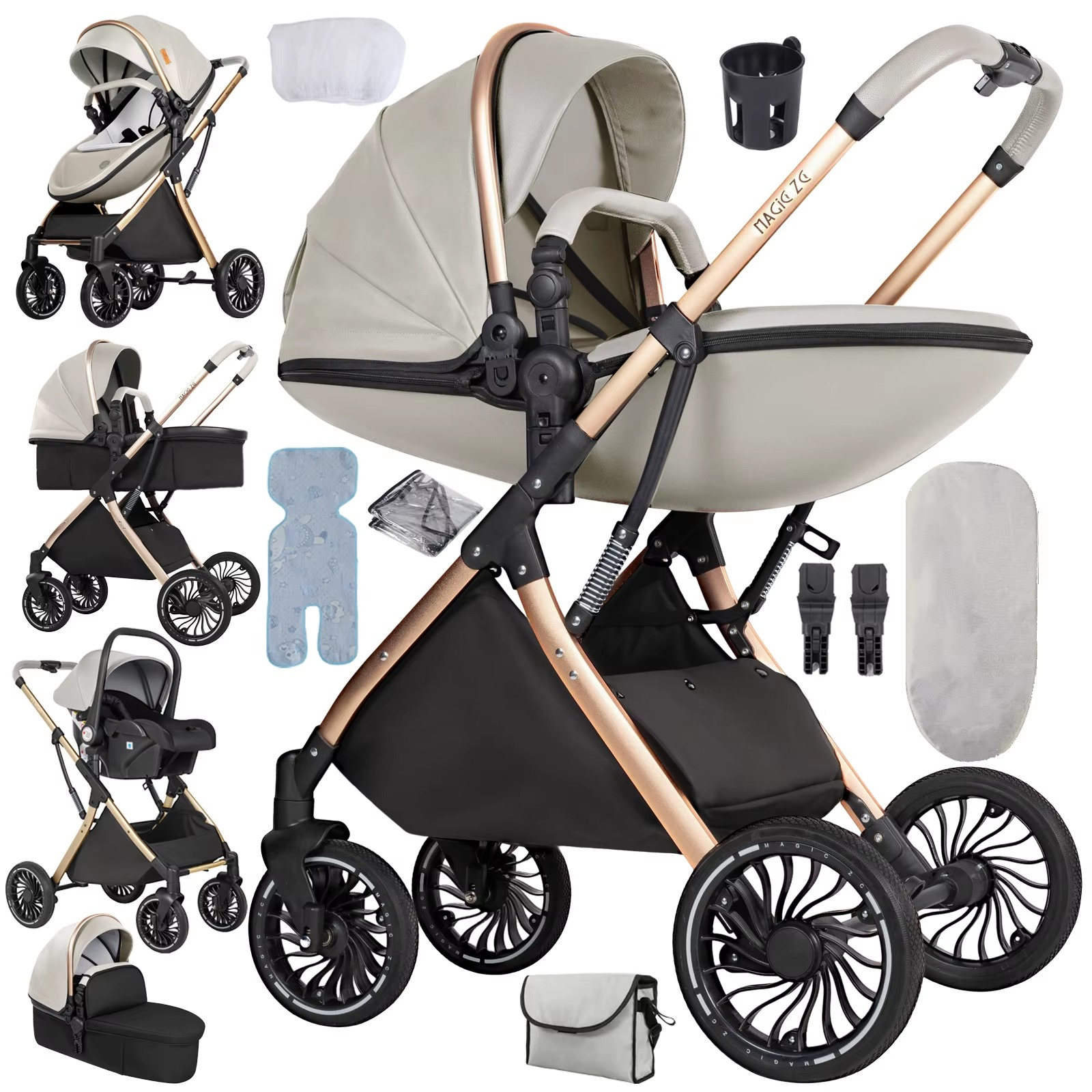Verwandelbarer 3-in-1 Kinderwagen mit Babywanne, Farbe Schwarz – Egg Design Hochlandschaft Kinderwagen | Leichtes faltbares Reisesystem