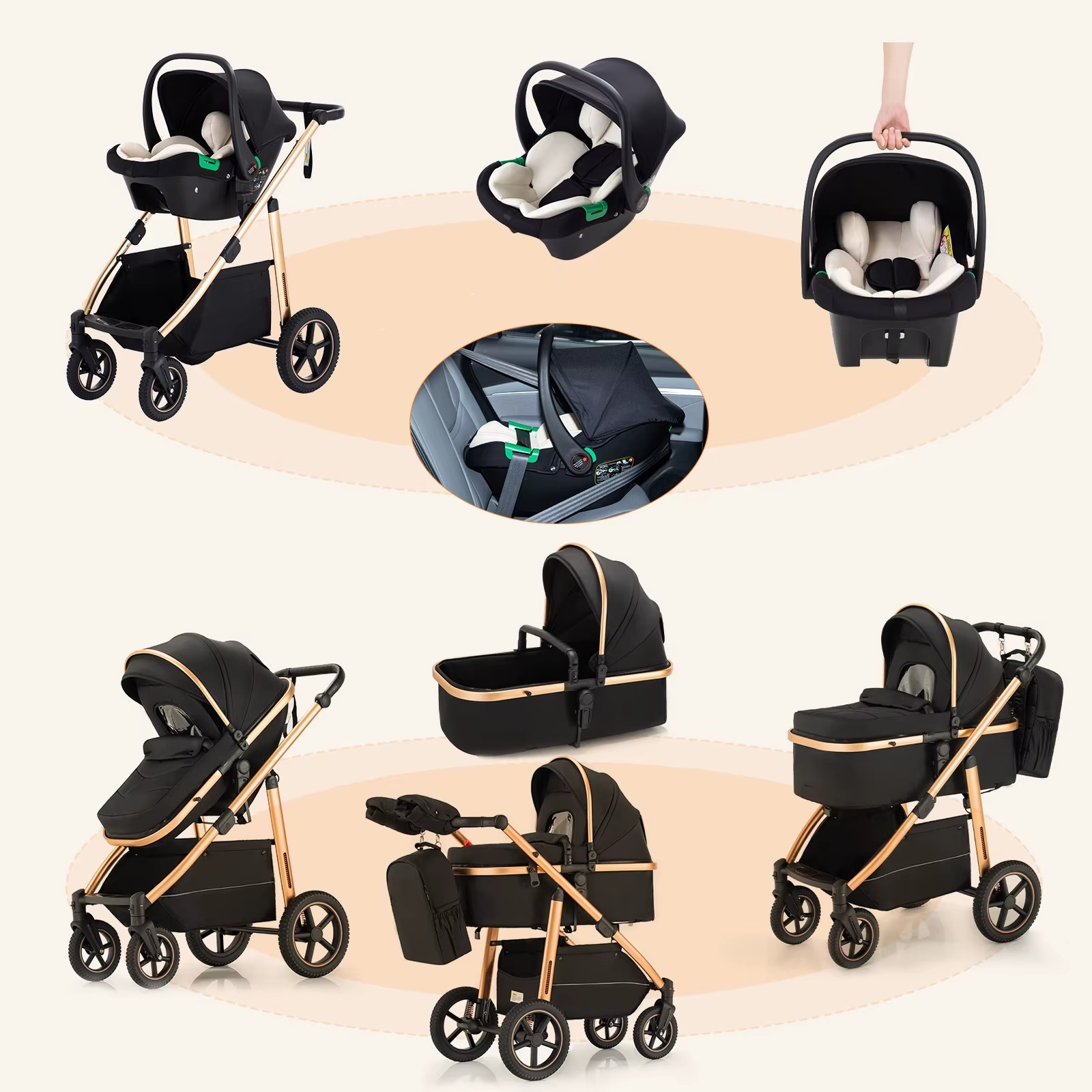 Kinderwagen 3in1 Hochwertige Materialien schwarz-goldene Farbe mit Autositz