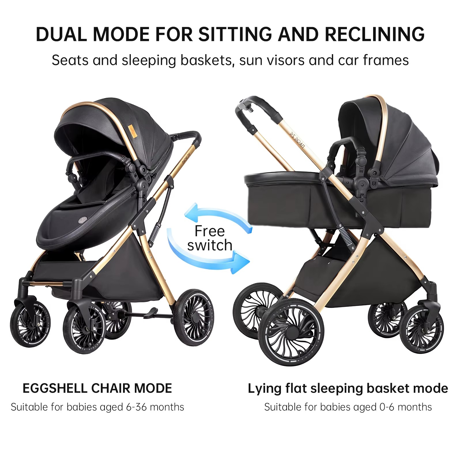 Verwandelbarer 3-in-1 Kinderwagen mit Babywanne, Farbe Schwarz – Egg Design Hochlandschaft Kinderwagen | Leichtes faltbares Reisesystem