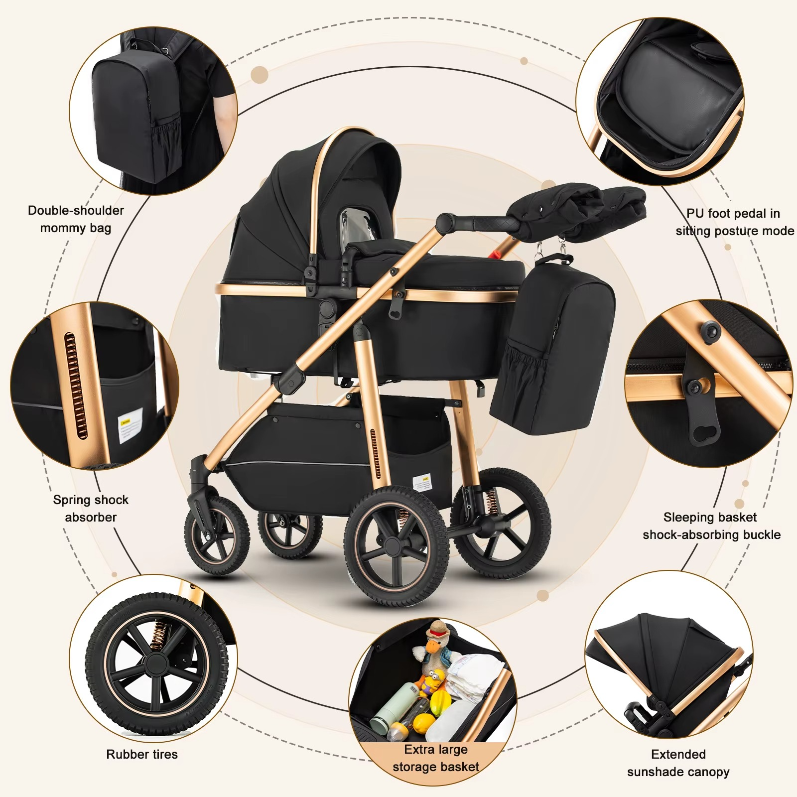 Kinderwagen 3in1 Hochwertige Materialien schwarz-goldene Farbe mit Autositz